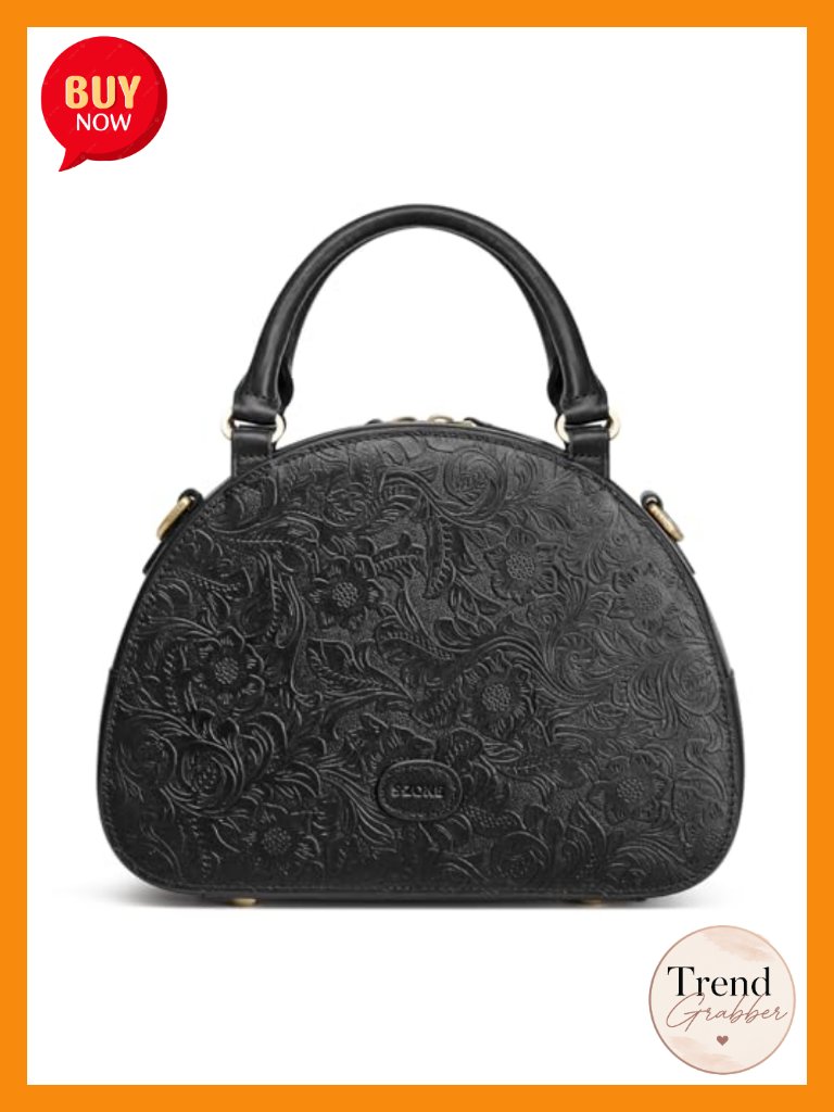 Genuine Leather Crossbody Satchel With Rose Embossed Design